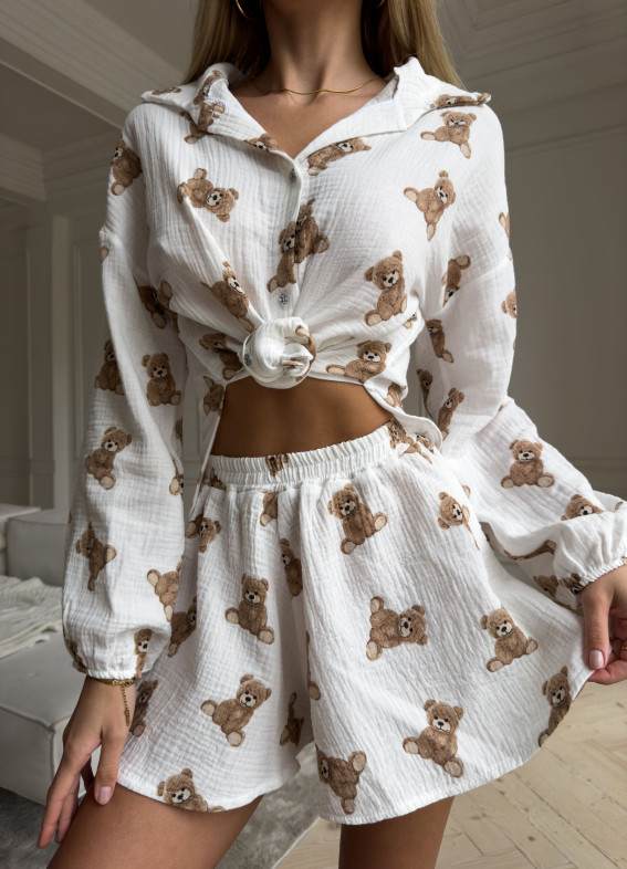 Teddy muslin pajamas, white00-00004672-k